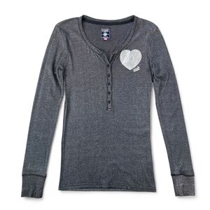 Victoria’s Secret PINK Metallic Henley Top L Rhinestone Heart Long Sleeve Y2K